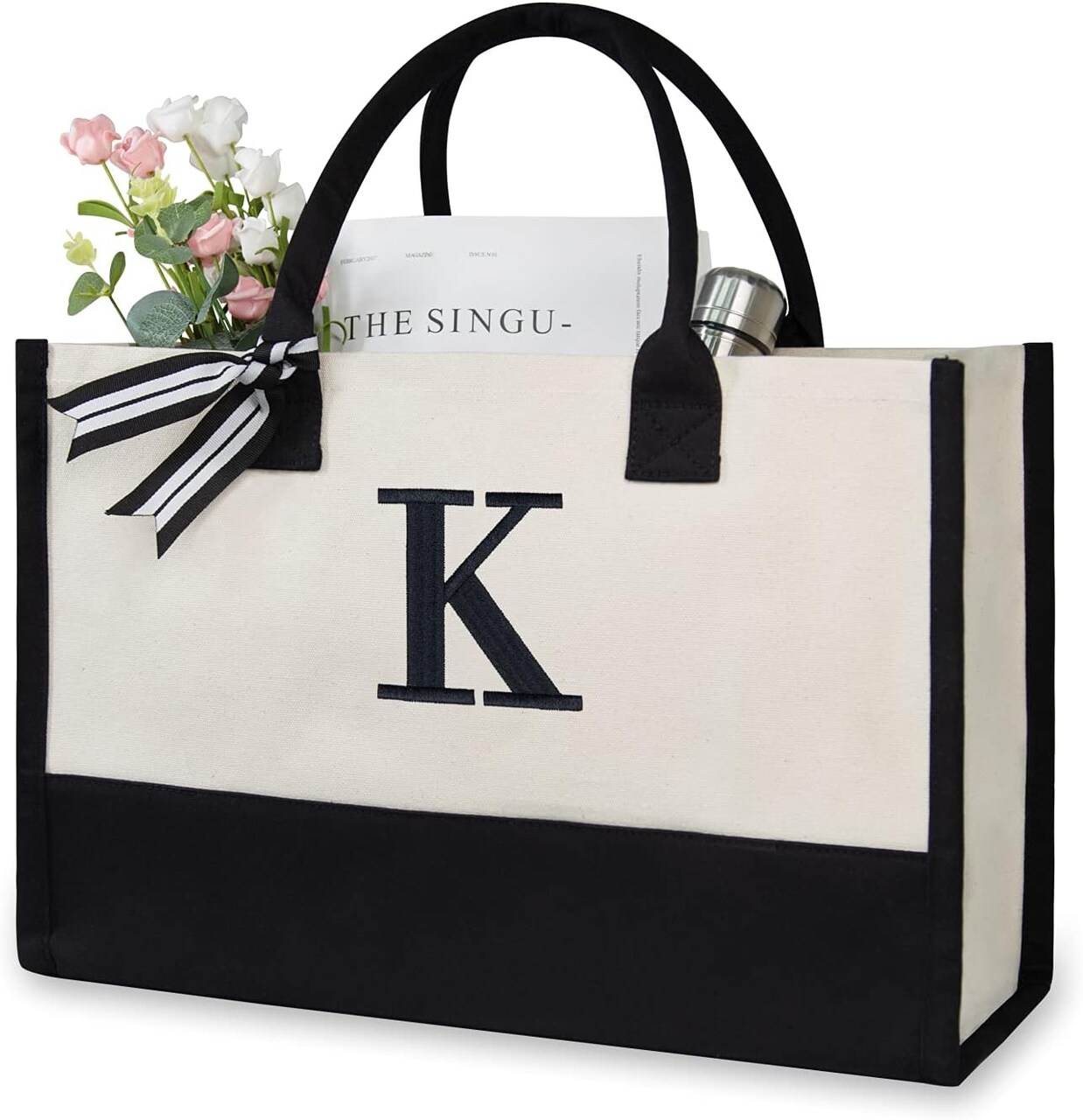 Embroidery Initial Canvas Tote Bag, Personalized Present Suitable for Wedding, Birthday, Beach, Holiday, is a Great Gift Women, Mom, Teachers, Friends, Bridesmaids